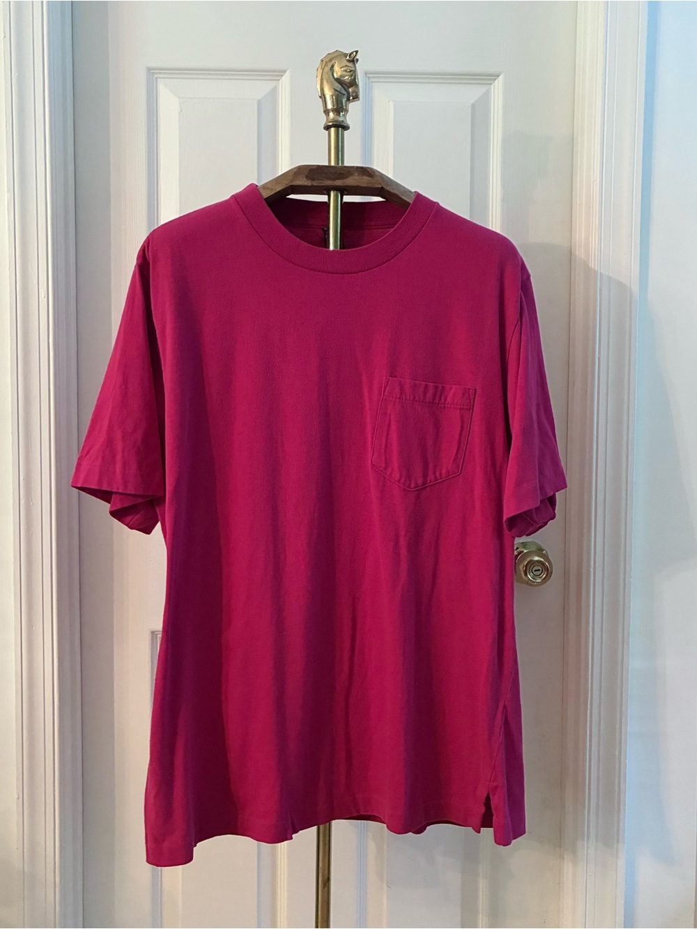 Vintage 90s Lands' End Men's Magenta Pink Pocket Crew T-Shirt